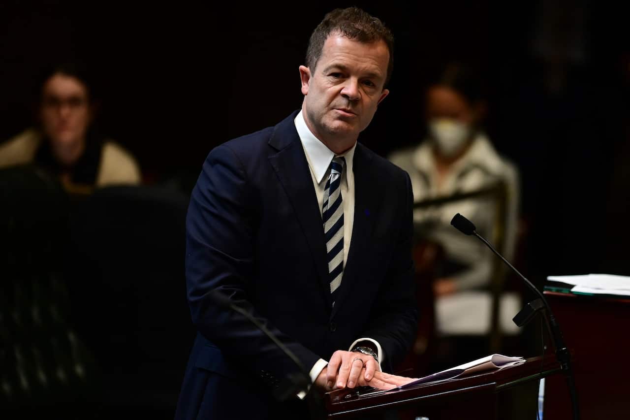 Attorney General Mark Speakman speaks on legislation relating to the COVID-19 pandemic at the Parliament of New South Wales in Sydney, Tuesday, May 12, 2020. (AAP Image/Joel Carrett) NO ARCHIVING