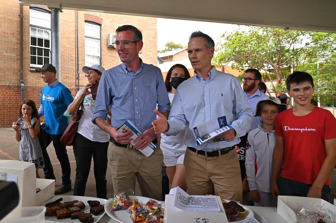 NSW Premier Dominic Perrottet during a visit to support Liberal candidate Tim James during the Super Saturday by-elections at Cammeray Public School in Sydney, Saturday, February 12, 2022. (AAP Image/Steven Saphore) NO ARCHIVING