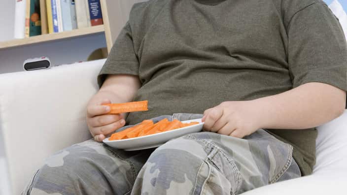 Obese child is eating carrots