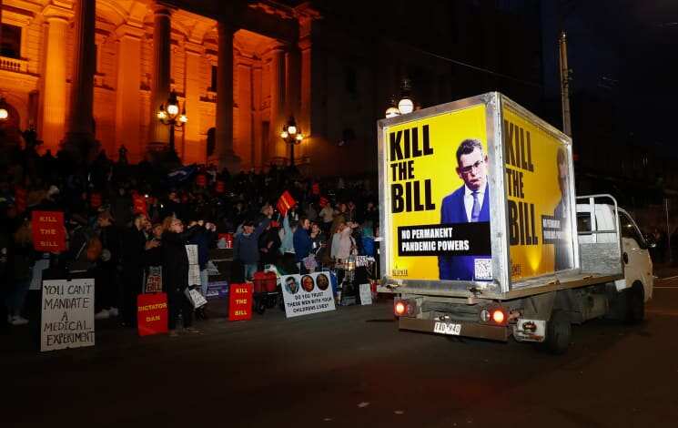 Melbourne Protestors - Protestors venting antipathy towards the government’s proposed Pandemic Management bill.