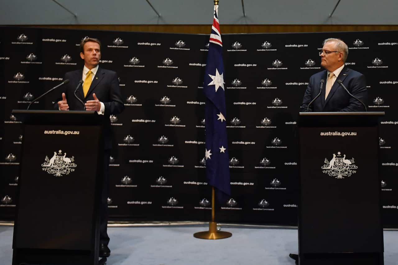 Minister for Education Dan Tehan and Prime Minister Scott Morrison announce the government's childcare package at a press conference at Parliament House in Canberra, Thursday, April 2, 2020. (AAP Image/Mick Tsikas) NO ARCHIVING