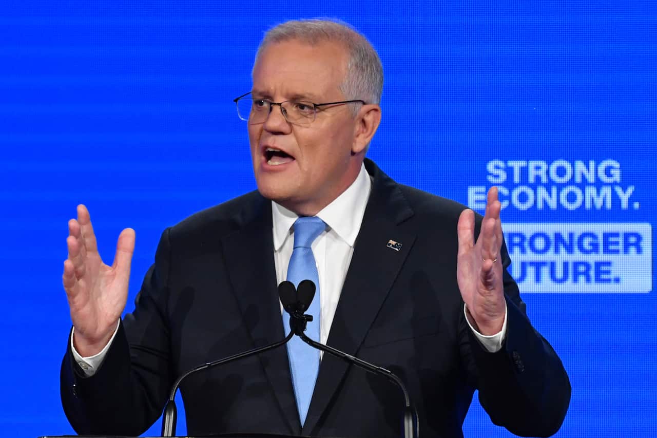 Prime Minister Scott Morrison at the Liberal Party campaign launch on Day 35 of the 2022 federal election campaign, at the Brisbane Convention Centre in Brisbane. Sunday, May 15, 2022. (AAP Image/Mick Tsikas) NO ARCHIVING