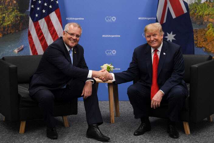 Prime Minister Scott Morrison shakes hands with US President Donald Trump at the G20 summit in Buenos Aires 