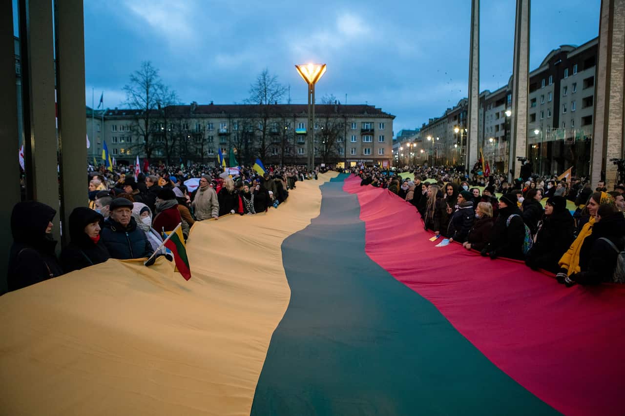 Lithuanians Rally For Ukraine In Vilnius on February 24, 2022 (Photo by Paulius Peleckis/Getty Images)