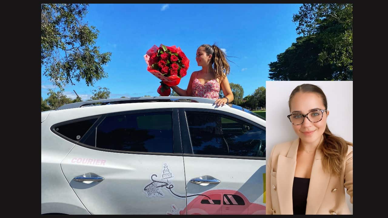 Rhea Ghotsis headshot and seen in car holding flowers