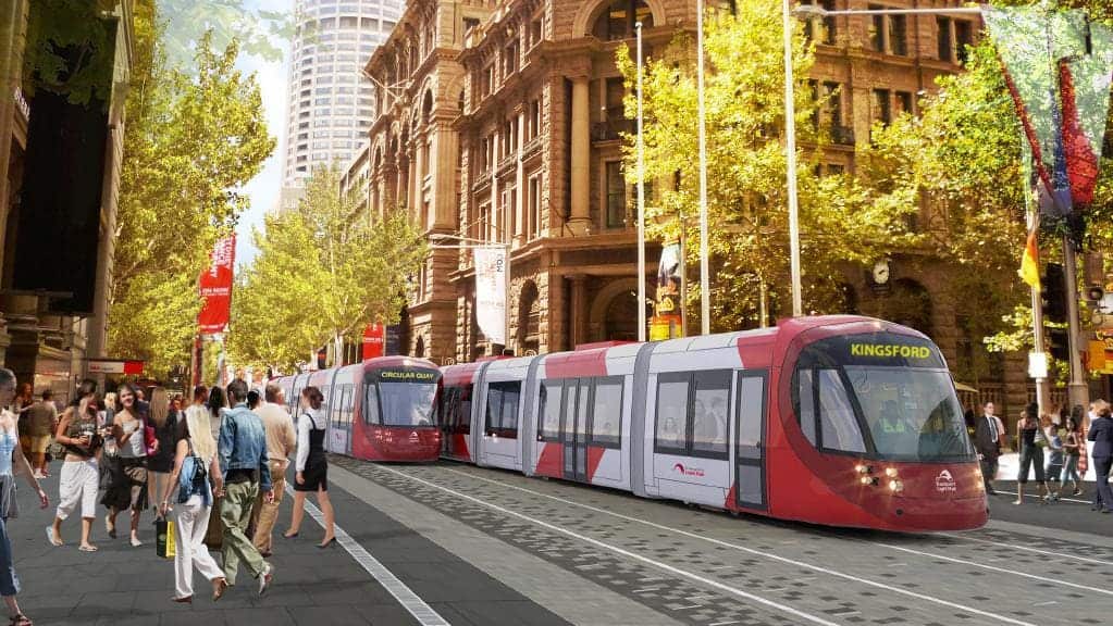 An artist's impressions of the CBD and South East Light Rail trams moving along George Street without the overhead wires at Martin Place.