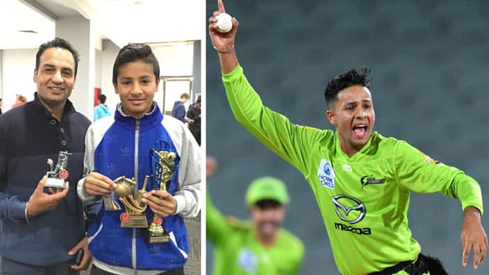Tanveer Sangha with his father Joga Sangha (L): Tanveer celebrates a wicket for Sydney Thunder at the BBL