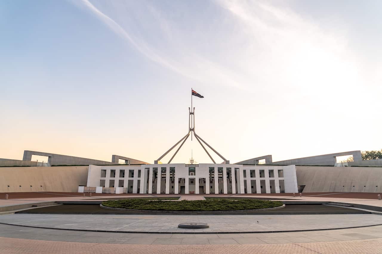 Australian Parliament House exterior at sunset