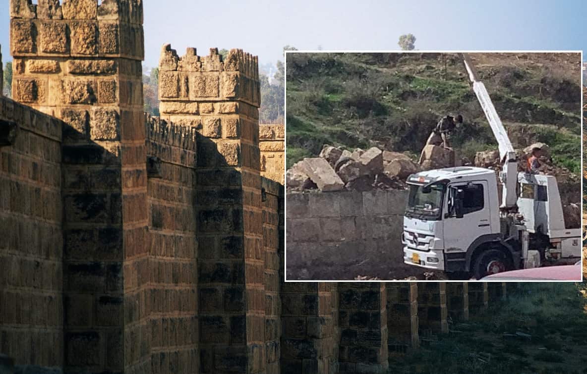 Damage to the ancient Nineveh wall (inset).