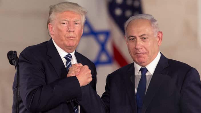 U.S. President Donald Trump and Israeli Prime Minister Benjamin Netanyahu shake hands at the Israel Museum, in Jerusalem, Tuesday, May 23, 2017. (AP Photo/Sebastian Scheiner)