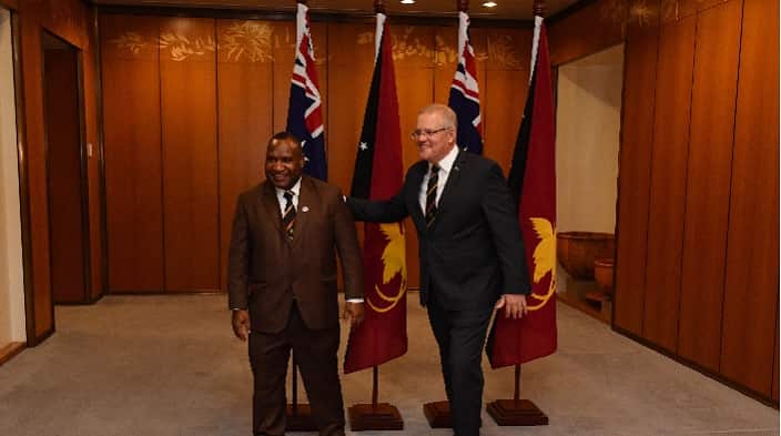 Prime Minister Scott Morrison and Papua New Guinea's Prime Minister James Marape at Parliament House in Canberra.