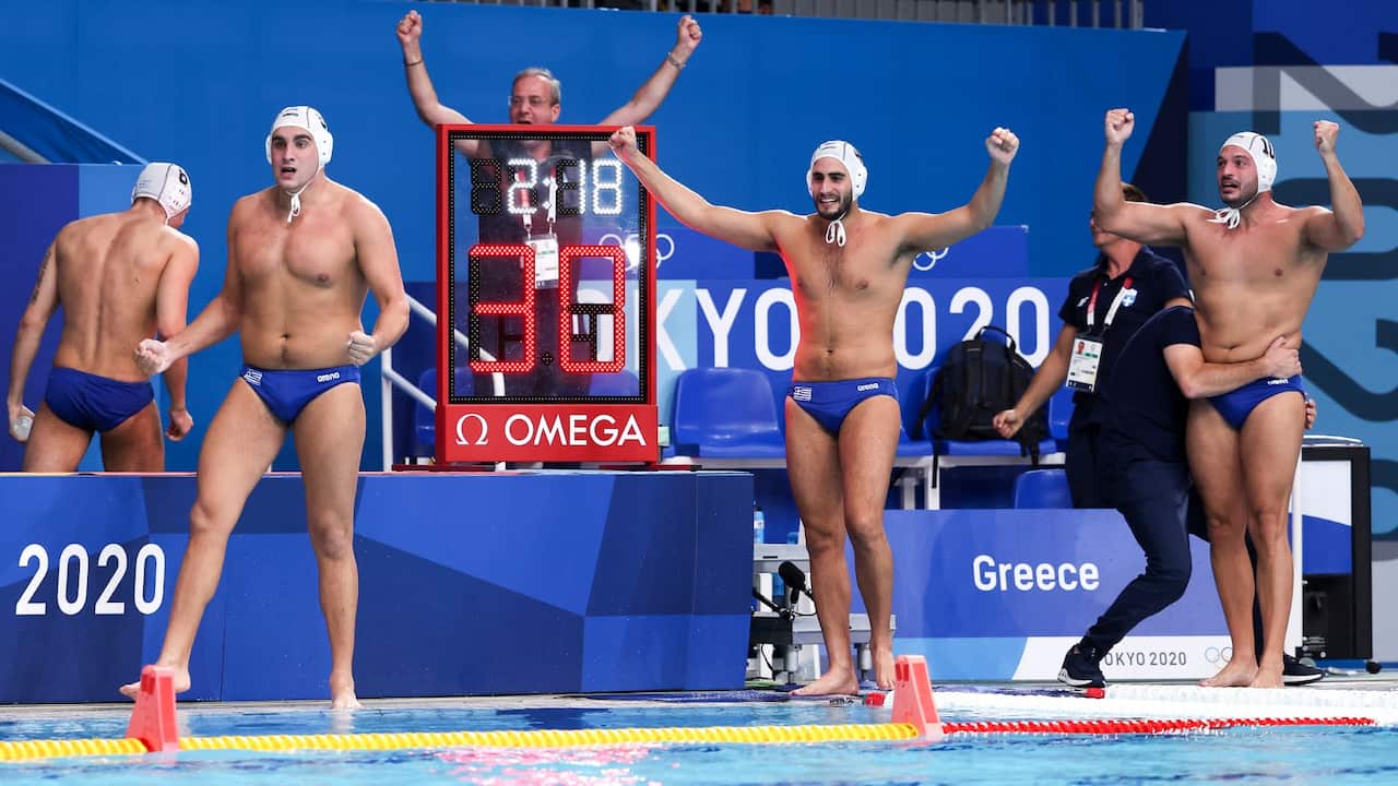 Team Greece celebrate the win during the Men's Semifinal match between Greece and Hungary on day fourteen of the Tokyo 2020 Olympic Games at Tatsumi Water Polo Centre on August 06, 2021 in Tokyo, Japan.