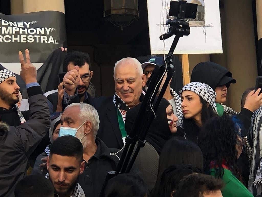 Fouad Shreidi speaking at the Sydney #SaveSheikhJarrah protests last Saturday.