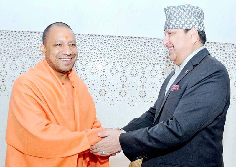 Nepal's former King, Gyanendra meeting Yogi Adityanath, Chief Minister of the Indian state Uttar Pradesh.