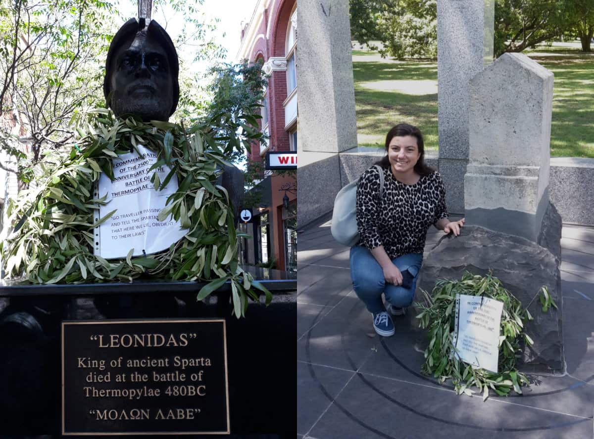 collage photo of statue (L) and young woman at the Australian Hellenic Memorial