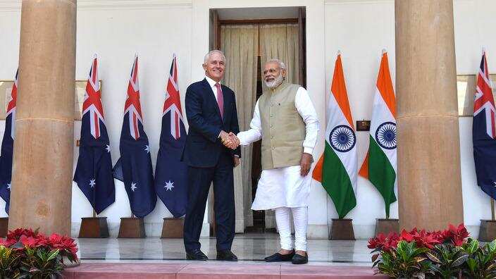 Prime Minister Malcolm Turnbull and India's Prime Minister Narendra Modi at Hyderabad House in New Delhi