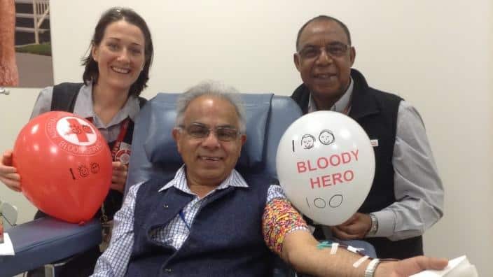 Mr Shashi Kochhar, donating blood for the 10oth time -  a bloody hero!