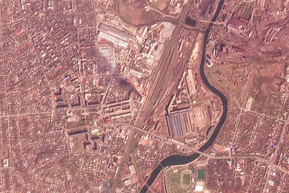 A satellite photo shows smoke rising in the minutes after a missile struck a train station in Kramatorsk, Ukraine on 8 April 2022.