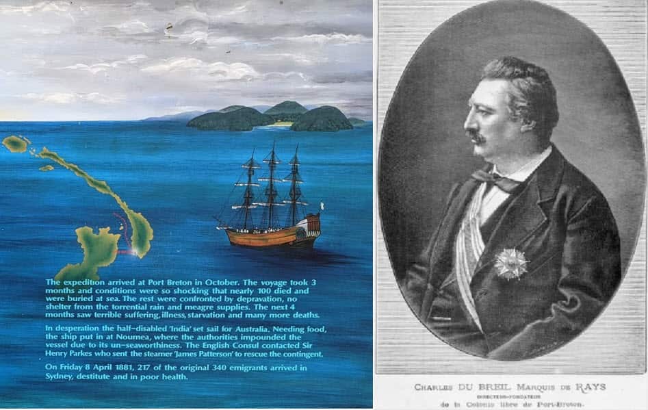 A sinistra una ricostruzione dell'arrivo della SS India a Port Breton. A destra un'immagine del marchese de Rays