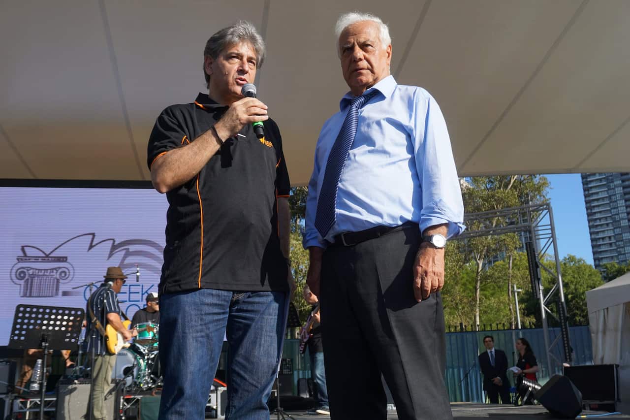 SBS Greek Executive Producer Themis Kallos and President of the Greek Orthodox Community of NSW, Harry Danalis