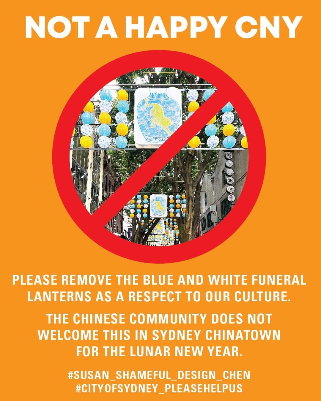 Sydney Chinatown Focus Group not happy with the blue and white art installation to mark Lunar New Year. 