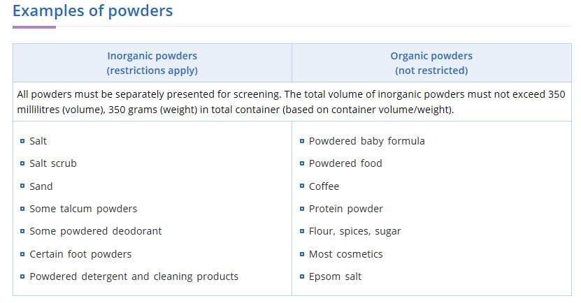 Travelling with powders, liquids, aerosols and gels