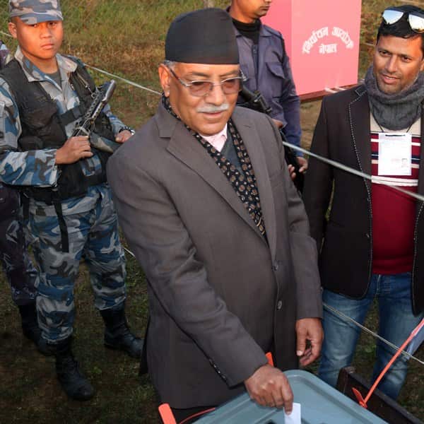 Maoist leader Pushpa Kamal Dahal voting during federal election in Nepal on 7 December 17.