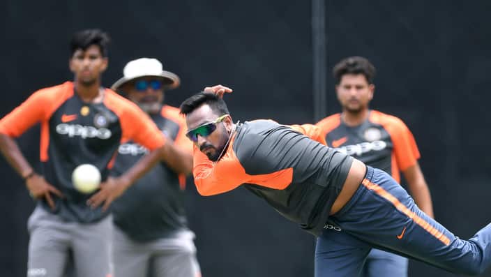 Indian bowler Krunal Pandya is seen in action during an India cricket team training session ahead of the International matches between Australia