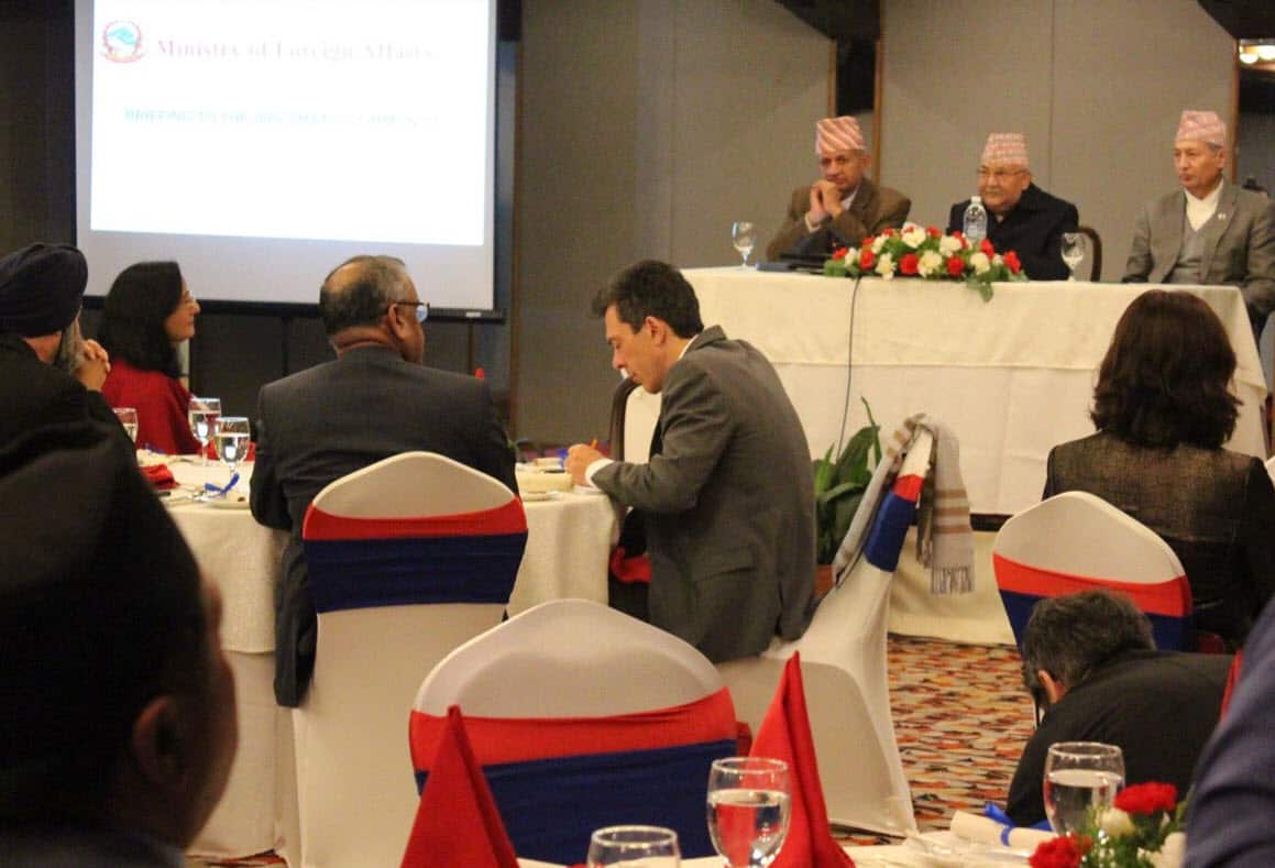 Nepal's foreign affairs minister Pradeep Gyawali addressing the diplomatic community in Kathmandu on Feb 1, 2019.