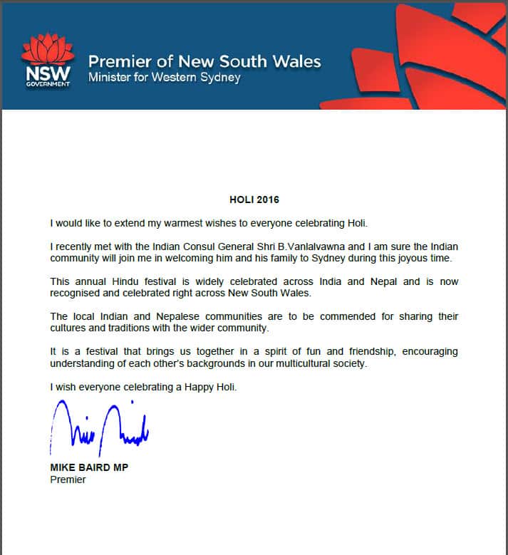 Holi greetings from Premier of NSW