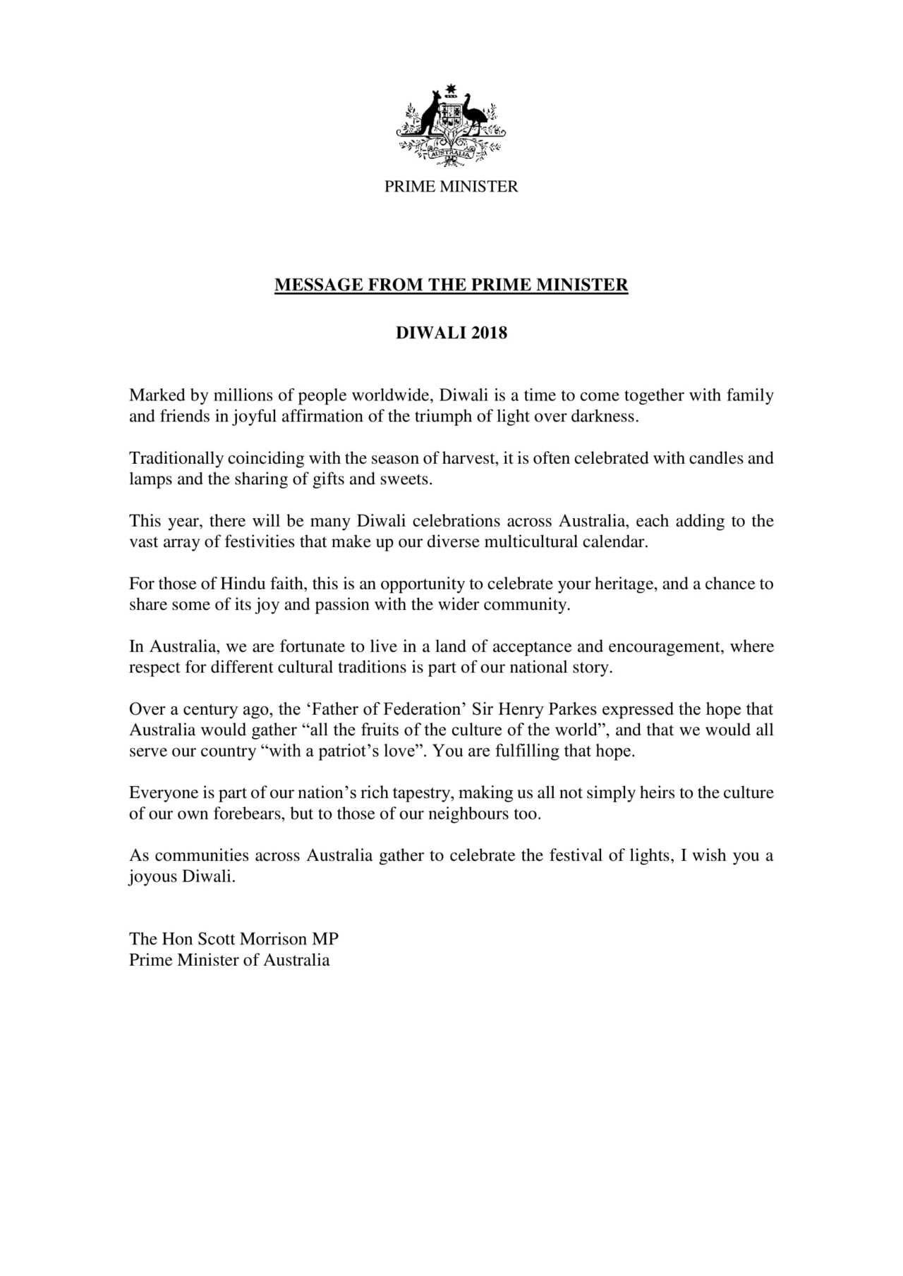 Prime Minister's message on Diwali