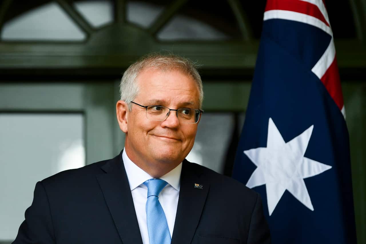 Australian Prime Minister Scott Morrison speaks to the media during a press conference at the Lodge in Canberra, Friday, October 1, 2021. (AAP Image/Lukas Coch) NO ARCHIVING