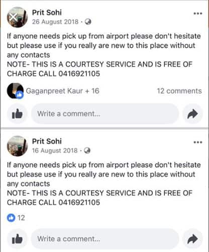 A post from Prit Sohi in a Facebook group, offering free services
