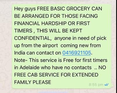 Offer to provide free groceries in a WhatsApp group