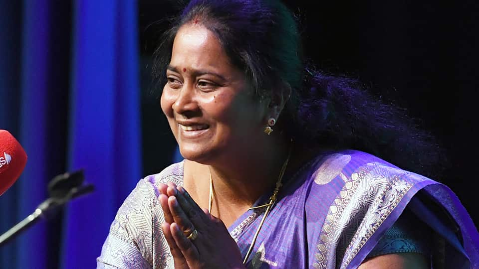Priya Nadesalingam is seen thanking supporters while attending the Flourish Multicultural Festival in Biloela, Queensland, in June 2022.