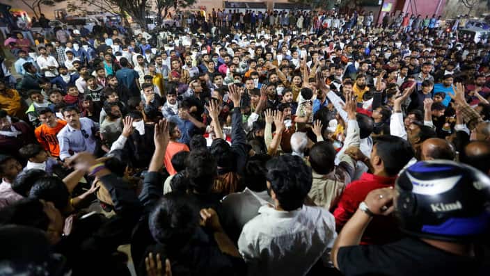 Members of India's Rajput community gathers at a mall having movie theatres during a protest against the release of Bollywood film "Padmavat" in Ahmadabad