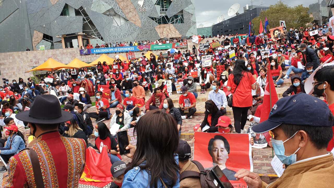Hundreds gather to protest against Myanmar coup in Melbourne on Saturday 6 February, 2021