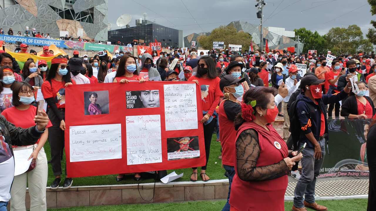Hundreds gather to protest against Myanmar coup in Melbourne on Saturday 6 February, 2021
