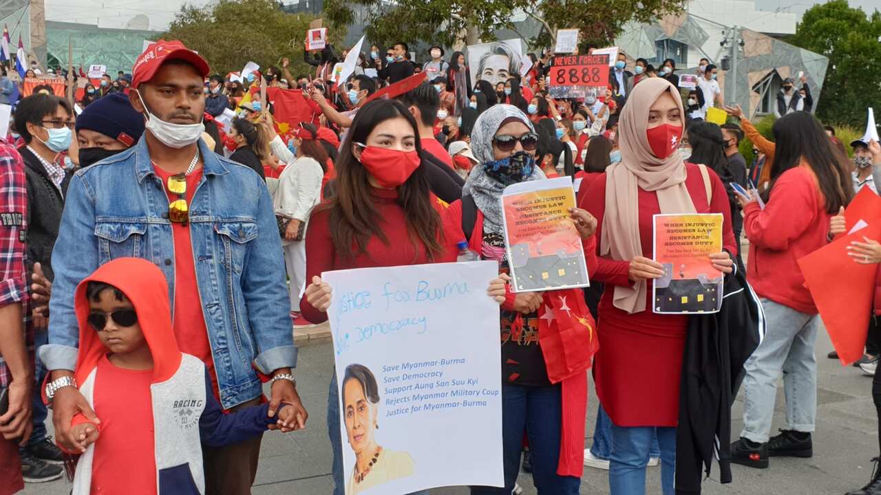 Hundreds gather to protest against Myanmar coup in Melbourne on Saturday 6 February, 2021