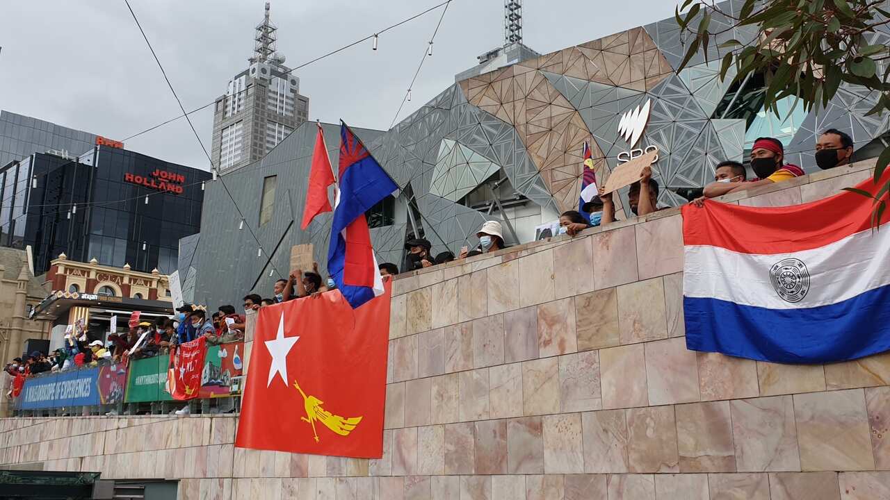 Hundreds gather to protest against Myanmar coup in Melbourne on Saturday 6 February, 2021