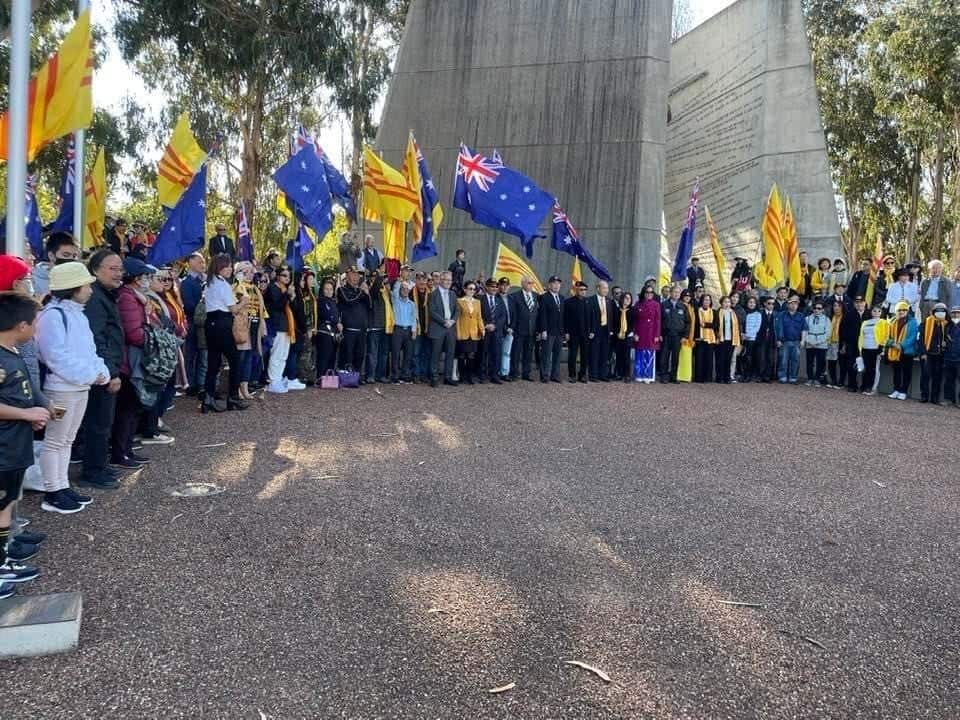 Protesters gathered at the Australian Vietnam Forces National Memorial in Anzac Parade, Canberra. Photo: Bao Khanh