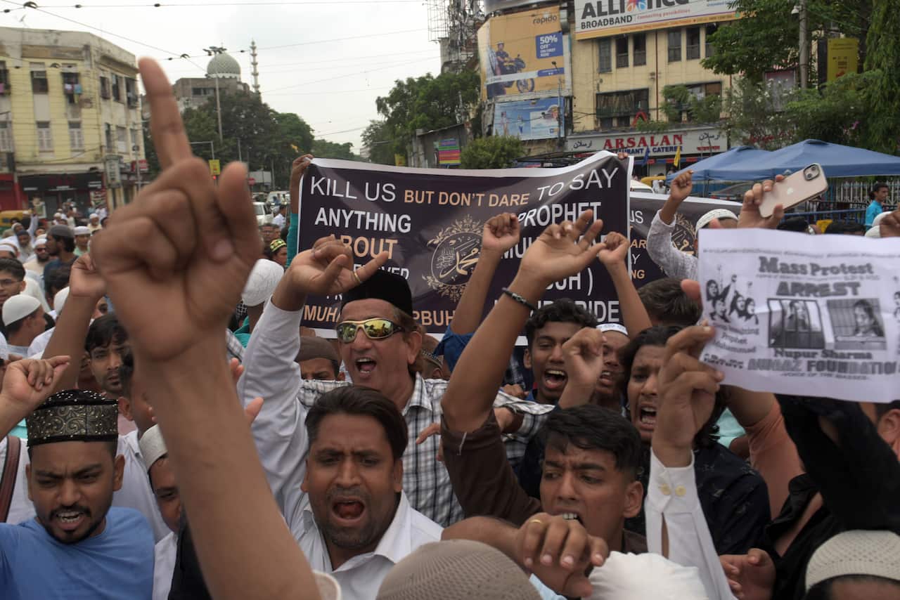 Members of the Muslims community protest against the comments made by now suspended BJP spokesperson Nupur Sharma on Prophet Muhammad.