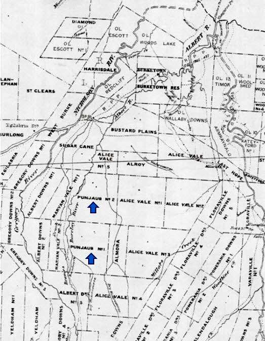 A cropped part of a map, Burke District sheet 3 dated 1892, which shows the location and names of Punjaub No 1 and Punjaub No 2