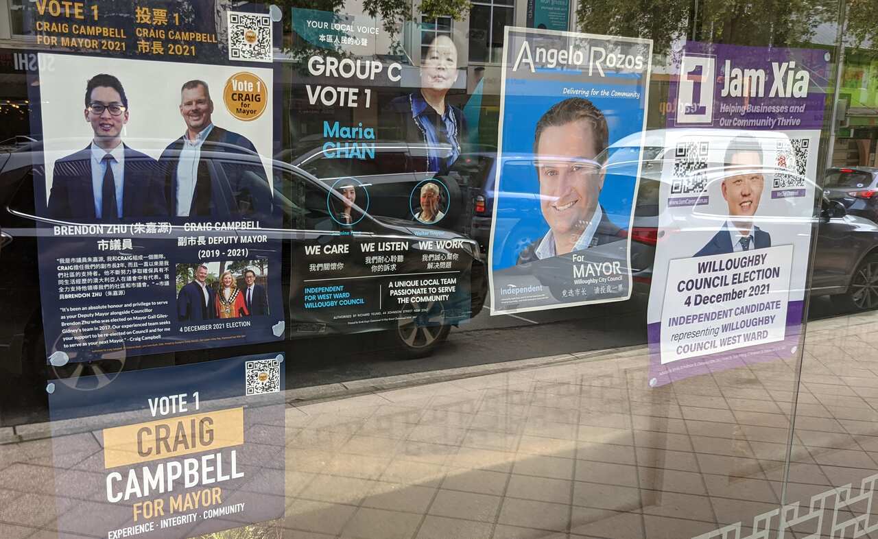 Posters of local election candidates can be seen on streets in Chatswood.