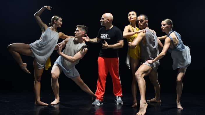 Artistic Director Rafael Bonachela joins dancers in a scene from Cinco