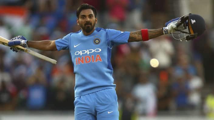India's KL Rahul celebrates making his century during the Twenty20 cricket match between England and India at Old Trafford cricket ground in Manchester, England, Tuesday, July 3, 2018. (AP Photo/Dave Thompson)