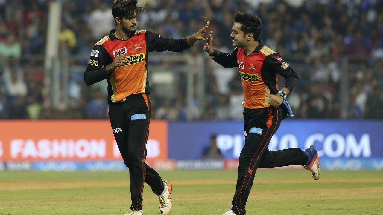 Sunrisers Hyderabads Deepak Hooda, left with Rashid Khan celebrates