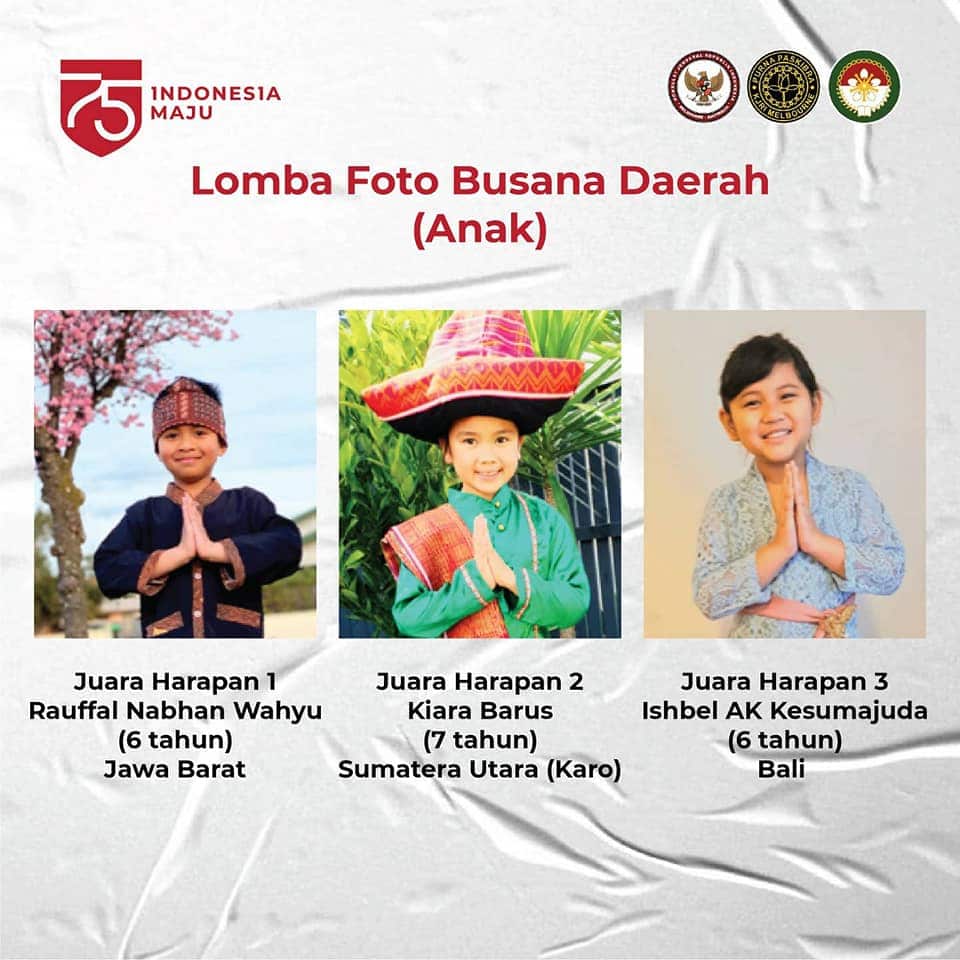 Nita Novianti’s son, Raufal Nabhan Wahyu and other runner up winners of the Indonesian Regional Costumes competition during the Indonesian Independence Day Celebration, 17 Aug 2020.