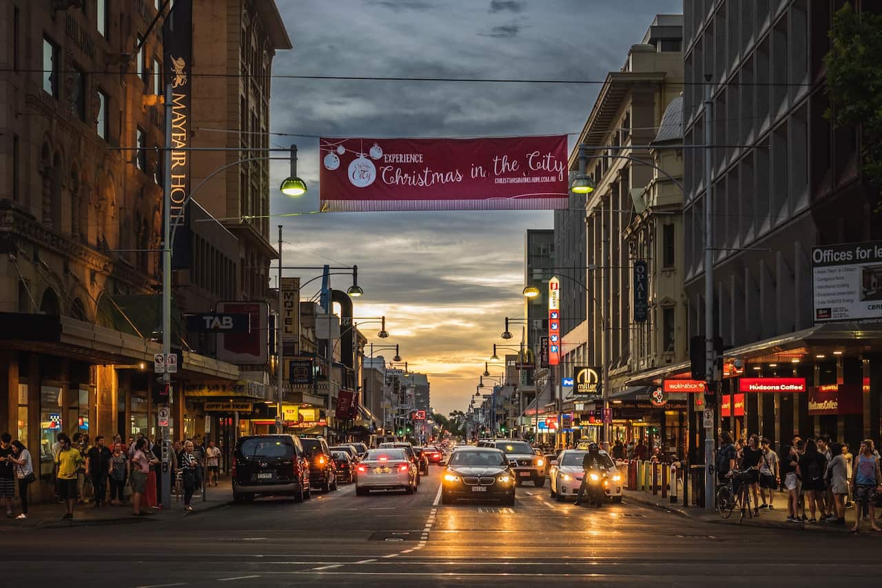Sunset view of a Rundle Mall street in Adelaide, Australia.