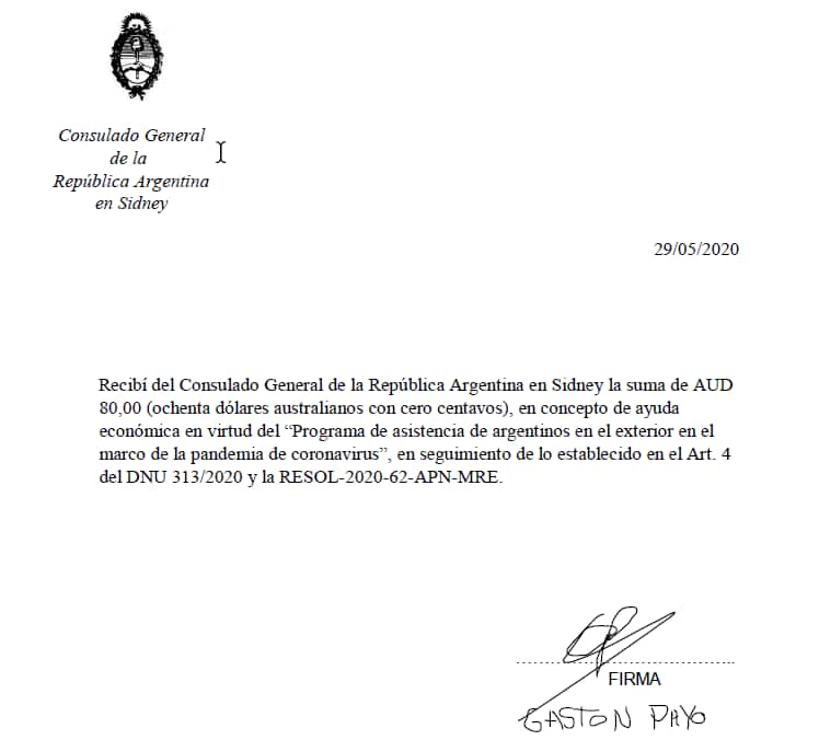 Recibo de pago del consulado general argentino en Sídney.